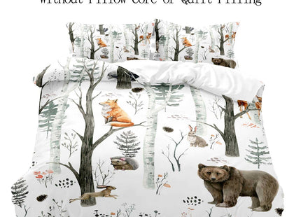 VIVIHOME 2PCS Woodland Forest Animal Duvet Cover Twin Bedding Sets, White Duvet Cover, Toddler Baby Boys Girls Kids Bedding, Bear Deer Fox Wolf Rabbit Rustic Lodge Cabin Comforter Cover, 1 Pillowcase