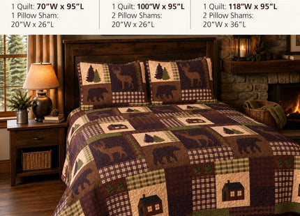 Rugs 4 Less Rustic Western Lodge Quilted Plaid Reversible Bedspread Set with Wildlife Imagery of Grizzly Bear Elk Buck and Pine Trees in Dark Brown - Alpine Trail (Full/Queen)