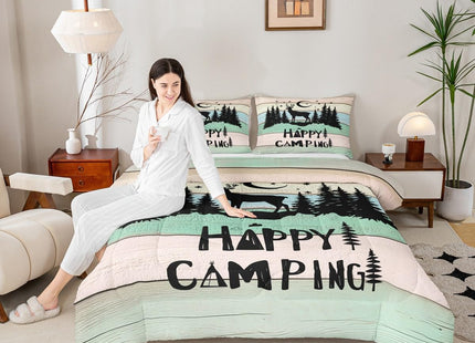 Kids Happy Camping Comforter Set Twin,Cute Deer Camper Bedding Set Rustic Farmhouse Woodland Animal Comforter For Boys Girls Old Barn Door Quilted Duvet Star Moon Pine Tree Decor 2 Pcs Black Green