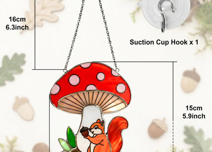 Squirrel Mushroom Stained Glass Suncatcher for Window Hanging Ornaments Animals Theme Glass Art Sun Catcher Home Decor Handmade Funny Mushroom Squirrel Gifts for Squirrel Lovers