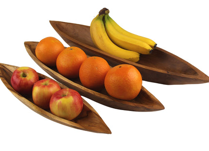 ANDALUCA Teak Wood Hand Carved Canoe Bowls for Home Decor & Kitchen (Set of 3)
