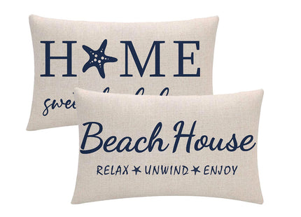 2Pack Beach House Decor Pillow Covers Relax/Enjoy/Unwind/Starfish Rectangular/Waist Cushion Covers Navy Blue Home Sweet Home Summer Holiday Decorative Lumber Pillowcases 12" X 20"(Navy Blue)