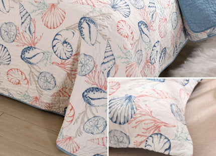 SUCSES 100% Cotton Coastal Quilts Bedding 3Pcs King Ocean Blue Quilt Nautical Conch Summer Comforter Reversible Lightweight Bedspread Coverlet with 2 Pillow Shams for All Season