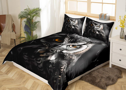 Erosebridal 3D Owl Bedding Queen Size Black and Grey Comforter Cover, Wild Animal Bed Set Cute Bird Duvet Cover, Woodland Wildlife Quilt Cover Animal Theme Black Room Decor 3pcs (Zipper Closure)