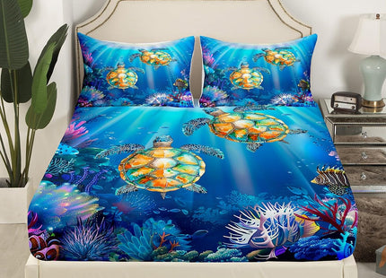 Sea Turtle Bed Sheet Set Twin Size,Swimming Fish Marine Life Fancy Blue Undersea World,Bedding Decor Set with 1 Flat & 1 Fitted Sheet with 1 Pillow Sham