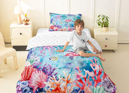 Erosebridal Blue Ocean Seaworld Toddler Comforter Set Marine Life Bedding Set for Kids Boys Girls Octopus Sea Turtle Duvet Insert Seashell Coral Underwater World Bedroom Decor 2 Pcs