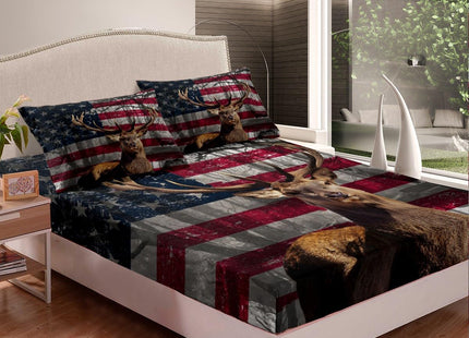 Manfei 3D Deer Fitted Sheet Twin Size American Flag Bedding Set 2pcs for Kids Boys Teens Room Decor, Wildlife Animal Elk Print Bed Cover Stars and Stripes Bed Sheet Set with 1 Pillowcase