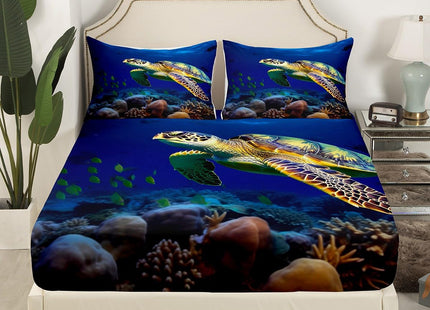 Sea Turtle Fitted Sheet Full,Ocean Beach Themed Nature Style Bed Sheet Set,Marine Underwater Turtle Bedding Set for Kids Girls Boys Bedroom Decor,Hawaiian Coastal Reptile Bed Cover,Teal Blue