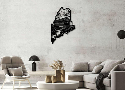 Maine Covered Bridge State Map Metal Wall Art Decor Outdoor Decor Metal Signs Rustic Farmhouse Wall Decoration Stunning Exquisite Piece for Living Room and Office Wall Art (Black,20inch)