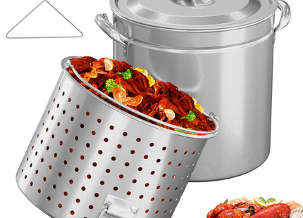 Bonnlo 102QT Stainless Steel Stock Pot for Boiling Seafood, Crawfish lobster & Crab, Frying Turkey & Steaming Tamales, Large Boil Pot with Steamer Basket, Lid, Lifting Hook for Outdoor Cooking Patio