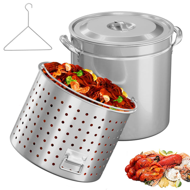 Bonnlo 102QT Stainless Steel Stock Pot for Boiling Seafood, Crawfish lobster & Crab, Frying Turkey & Steaming Tamales, Large Boil Pot with Steamer Basket, Lid, Lifting Hook for Outdoor Cooking Patio