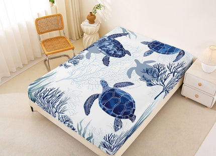 Sea Turtle Bed Sheet Set - Kids Girls Boys Bedroom, Nautical Coastal Fitted Sheet, Ocean Beach Theme, Blue White Sea Animal Turtle Print Bed Cover
