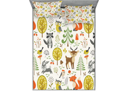 Lunarable Animals Fitted Sheet & Pillow Sham Set, Woodland Forest Animals Trees Birds Owls Fox Bunny Deer Raccoon Mushroom Print, Decorative Printed 3 Piece Bedding Decor Set, Calking, Orange Brown