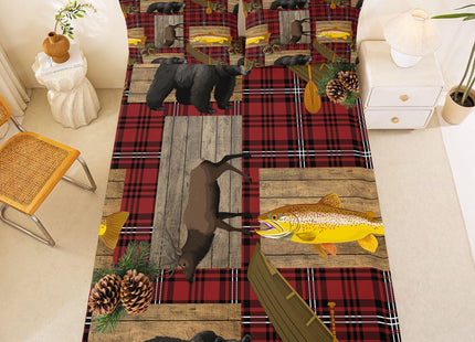Bear Deer Moose Sheet Set Full Black Red Buffalo Plaid Fishing And Hunting Bed Sheets Wild Animal Lake House Bedding Set Rustic Farmhosue Fitted Sheet Country Cabin Lodge Flat Sheet + 2 Pillow Cases