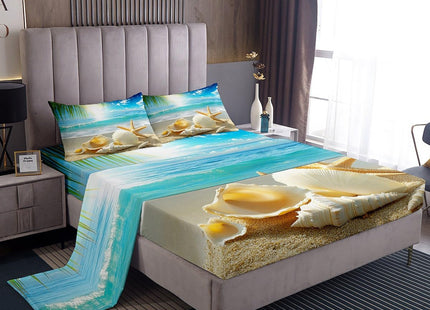 Erosebridal Beach Themed Sheets Blue Ocean Bed Sheets King Seashell Starfish Printed Sheet Set Beach Coastal Fitted Sheet for Kids Teens Adults Soft (1 Flat Sheet + 1 Fitted Sheet + 2 Pillowcases)