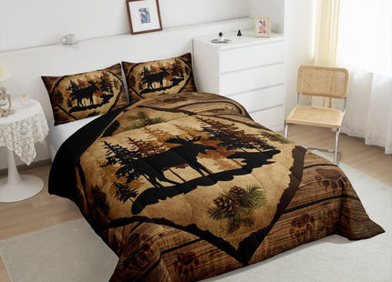 Homewish Moose Cabin Bedding Set,Retro Brown Wooden Stripes Farmhouse Comforter Set for Kids Teens Adults,Pine Cones Trees Wild Animal Paw Print Quilted Comforter with 2 Pillowcases Queen Size 3 Pcs