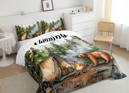 Erosebridal RV Camper Queen Bedding Set,Kids Camping Decor Comforter Set for Travel Trailers,Rustic Cabin Bear Quilt Set Forest Mountain Adventure Bed Comforter Sets,2 Pillowcases