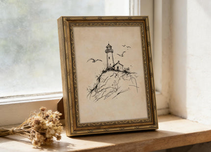 Gold Framed Vintage Coastal Lighthouse Sketch Canvas Wall Art 9x11