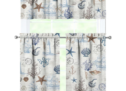 qwpmvhsak Ocean Kitchen Curtains Valance Set of 3,Summer Nautical Themed Kitchen Decor,Suitable for Home Interior Design,Farmhouse Style Kitchen Curtain and Valance Set,Short Curtain