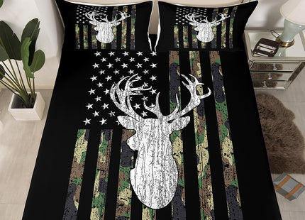 Deer Bed Sheets Twin Camo American Flag Sheet Set Camouflage Hunting Woodland Animal Bedding Sets for Kids Boys Teen Men,Rustic Deer Antler Fitted Sheet Black White Army Green Flat Sheet 3 Piece