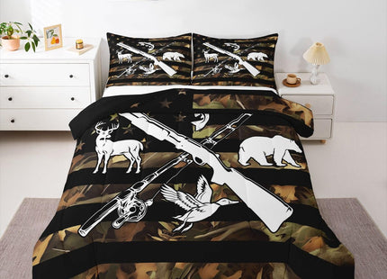 Hunting And Fishing Comforter Set Wildlife Fish Duck Deer Bear Twin Comforter For Boys Men,Camo American Flag Bedding Set Rustic Trees Leaves Camouflage Quilt Duvet Insert With 1 Pillow Case