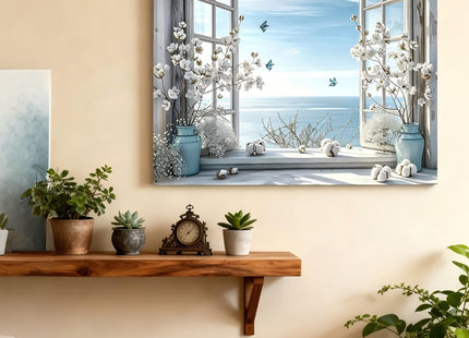 JMMOFCQY Coastal Flower Bathroom Canvas Wall Art Farmhouse Cotton Bouquet And Butterfly Window Rustic Blue Beach Style for Living Room Bedroom Restroom Beach House Coastal Themed Interior Decor