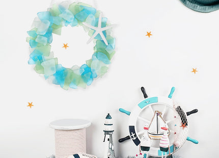 Sea Glass Wreath - Handmade 8.5 Inch Beach Wreath, Coastal Style Christmas Decor Wreaths for Home Decor, Door, Window, Kitchen Cabinet, Chair and Wall