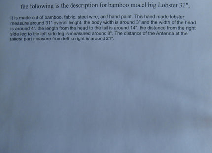 Hand Made Bamboo Model Big Lobster for Wall Decoration 31" Already Build with Couple Simple Easy Assembly Require