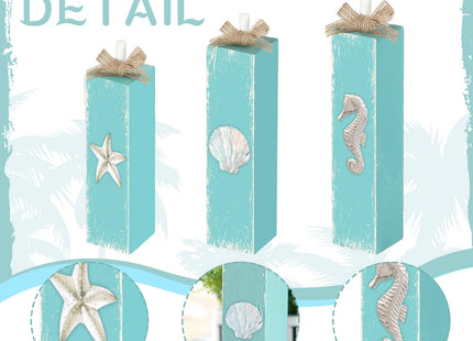 Seeloowy 3 Pcs Beach Decor for Home Office Summer Beach Theme Table Decorations Seahorse Starfish Seashell Wooden Sign Coastal Ocean Tabletop Centerpieces for Bathroom Patio Desk Mantel Tiered Tray