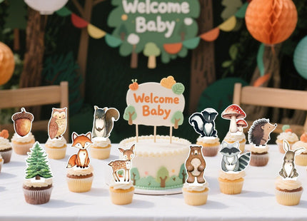 48 Woodland Cupcake Topper, Forest Animal Cupcake Toppers for Woodland Baby Shower Decorations, Neutral Forest Animals Gender Reveal Party Supplies