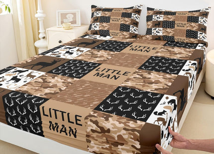 Brown Camo Animals Hunting Kids Sheet Full Size,Deer Antlers Silhouette Bedding,Boys Girls Adults Xmas Decor,Boho Arrows Splicing Rustic Cabin Bed Sheet Set 4pcs(Fitted + Flat + 2 Pillowcases)