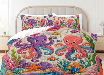 Sleepwish Octopus Ocean 4 Pieces Comforter Set, Playful Sea Animal Bedding with Fish Coral Shell Starfish Artwork, Soft Marine Coastal Bed Cover for Kids Room Full