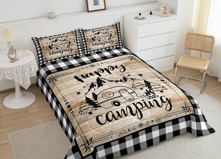 Erosebridal Happy Camping Bedding Sets King Western Lodge Cabin Comforter Set Black White Buffalo Plaid Duvet Insert Camper Theme Quilted Comforter Teens Adults Rustic Farmhouse Travel Trailers Decor