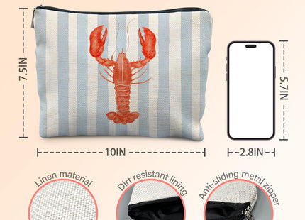 KBRCT Beach Red Lobster Makeup Bag for Women, Lobster Gifts, Coastal Ocean Beachy Nautical Cosmetic Bag for Purse, Blue and White Striped Crawfish Makeup Zipper Pouch