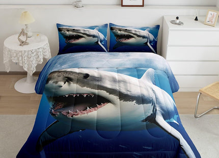 Kids Comforter Set for Boys Girls,3D Shark Fish Down Comforter 2 Piece Hawaiian Beach Theme Bedding Quilted Duvet Set Ocean Sea Animal Pattern Blue Duvet Insert for Toddler Teen Bedroom Decor,Twin