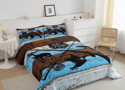 Castle Fairy Animal Hunting Comforter Set Full Size,Wild Deer Mallard Fish Print Bedding Comforters Lodge Decor,Rustic Farmhouse Blue Wooden Barn Quilt Set with 2 Pillowcases,Xmas Present