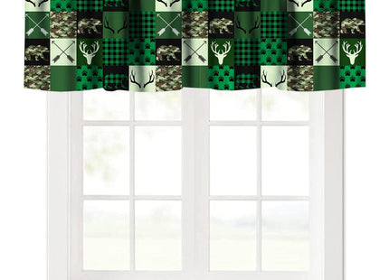 GoDazzling Rustic Deer Bear Kitchen Curtain Valance, Retro Cabin Hunting Theme Forest Wildlife Green Plaid Check Window Valance, for Bedroom Living Room Cafe Bathroom 1 Panels W54xL18in