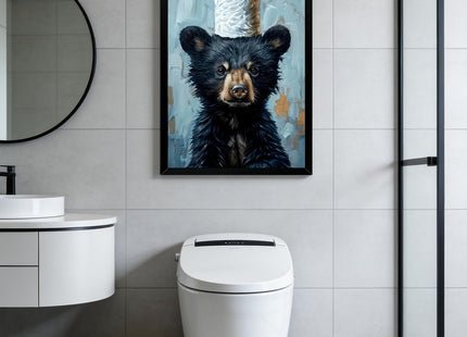 Framed Funny Black Bear Bathroom Canvas Wall Art Adorable Bear with Toilet Paper Painting picture Wall Decor Cute Animal Poster Print Artwork for Bathroom Modern Nursery Humor Home Decor 12x16 in