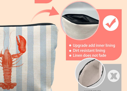 KBRCT Beach Red Lobster Makeup Bag for Women, Lobster Gifts, Coastal Ocean Beachy Nautical Cosmetic Bag for Purse, Blue and White Striped Crawfish Makeup Zipper Pouch