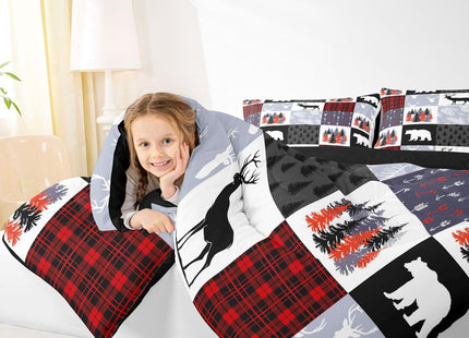 Teens Hunting Moose Deer Comforter Set,Christmas Bear Trees Vines Patchwork