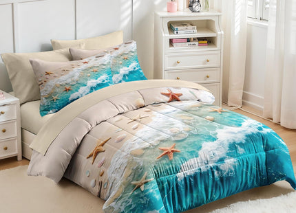 Nesker Queen Comforter Set with Sheets, 7 Pieces Beach Starfish Bedding