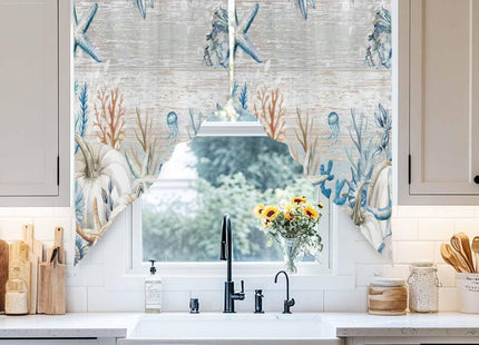 Fall Coastal Swag Valances Kitchen Curtains 36 Inches Length,Thanksgiving White Pumpkin Tier Drapes Swag Topper,Blue Ocean Starfish Coral Short Window Treatments for Small Window Cafe 2 Panels 28"x36"