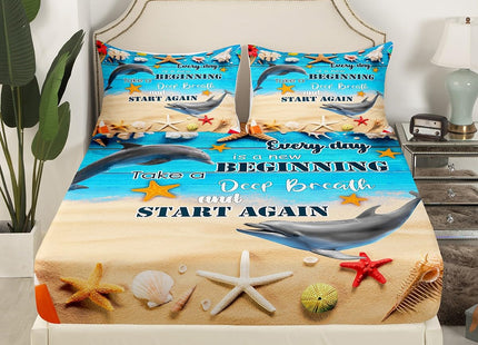 Dolphin Fitted Sheet Nautical Sea Bedding Set Full Size,Hawaiian Ocean Beach Theme Bed Sheets for Boys Girls,Underwater World Marine Life Conch Shells Starfish Cute Dolphin Bed Cover