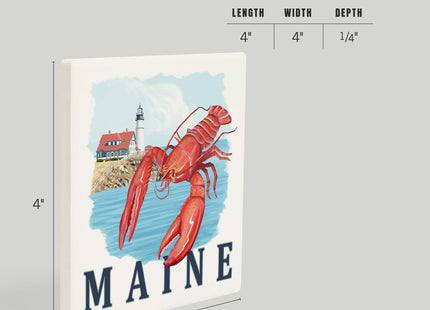 Lantern Press Maine, Lobster and Portland Lighthouse (Absorbent Ceramic Coaster, Single, Cork Back, Kitchen Table Decor)