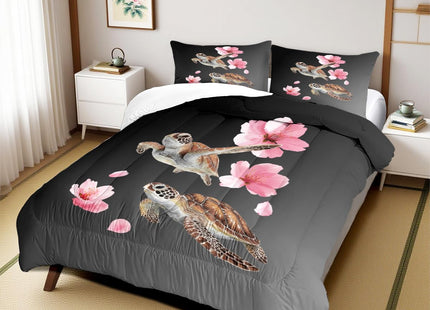 CCoutueChen Gray Comforter Set Full Size Ocean Sea Turtle Bedding Set Ombre Grey Pink Cherry Blsosom Bedding for All Season Ultra Soft Lightweight Comforter with 2 Pillowcases