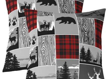 Rustic Deer Pillow Covers for Bed Sofa, Hunting Bear Moose Throw Pillow Covers 20x20 Pack of 2, Country Wild Animal Cushion Covers, Plaid Grid Patchwork Decorative Pillow Covers,Grey Red Black
