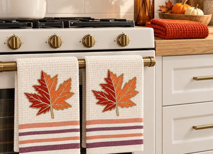 Fall Thanksgiving Kitchen Hand Dish Towels, Orange Rust Maple Leaf, 3 PC