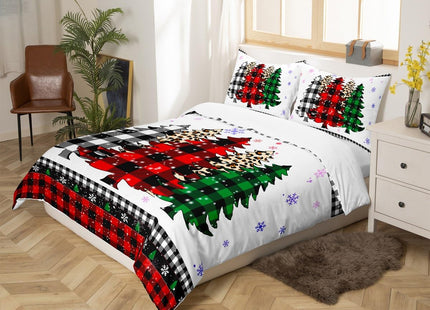 Christmas Snowflake Kids Duvet Cover Set Twin Size,Plaids Leopard Pine Tree Bedding Set,Girls Boys Adults Room/Xmas Cabin Decor,Holiday Rustic Comforter Cover,Red Black Quilt Cover,2pcs,1 pillowcase