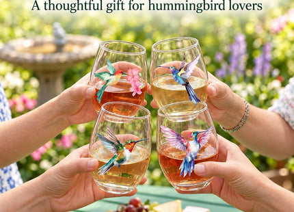 Hummingbird Stemless Wine Glasses Set of 4, Hummingbird Lovers Gifts for Women, Bird and Outdoor Lovers, 15oz Wine Glasses Gifts for Women, Floral Garden Lovers, Forest Birds Hummingbird Decor