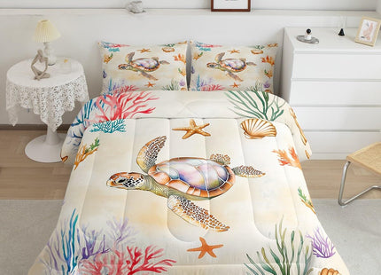 Erosebridal Kids Turtle Comforter Set Twin Size, Reptile Tortoise Bedding Set for Boys Girls Women Men Bedroom, Underwater World Sea Animal Down Comforter, Lovely Starfish Quilt with 1 Pillowcase